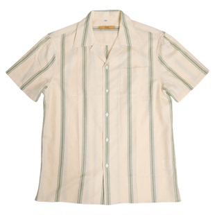 【棕榈米条纹】平圆方中通勤休闲衬衫男短袖宽松古巴领度假衬衣