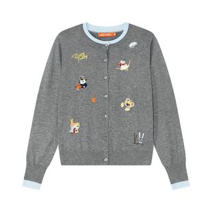 NOISY TEDDY25秋新款可爱设计感卡通刺绣女士圆领长袖开衫针织衫