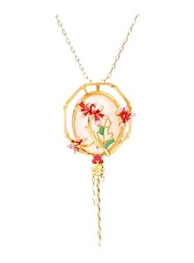 中国风轻奢小众古法保色镀金珐琅彩花开富贵仿和田玉流苏项链女项