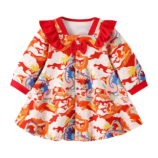 ergobag春节女童红色连衣裙中式抓周新年周岁礼服女宝宝宴中国风