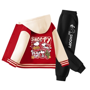 史努比儿童喜庆过年衣服男童加绒棒球服套装秋冬款红色男孩拜年服