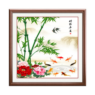 竹报平安挂画新中式竹子九鱼福字装饰画招财客厅餐厅玄关走廊壁画