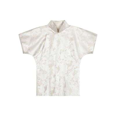 蓝点米白缎面提花斜门襟上衣