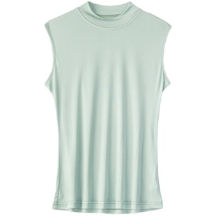 针织真丝T恤女新品百搭通勤桑蚕丝纯色半高领无袖上衣打底衫背心