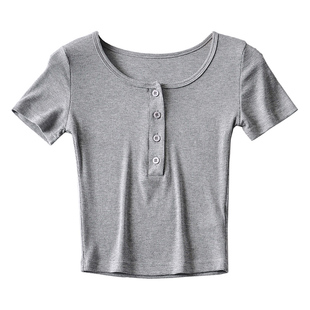 【包邮】美式基础款打底上衣女锁骨修身显瘦灰色露脐体恤短袖T恤
