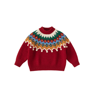 女童红色费尔岛毛衣秋冬款新款儿童女宝拜年服保暖针织打底衫上衣