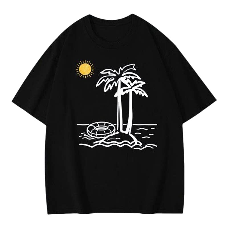 美式复古潮牌椰树印花短袖T恤重磅潮流宽松男女夏季纯棉上衣半袖