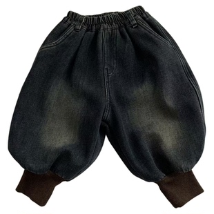 淘气小妞一体绒男童加绒牛仔裤秋冬新款女童宝宝加厚保暖灯笼裤潮