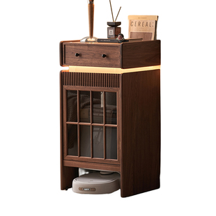 机器人扫地机柜收纳基站柜实木可移动黑胡桃沙发边柜储物多功能柜