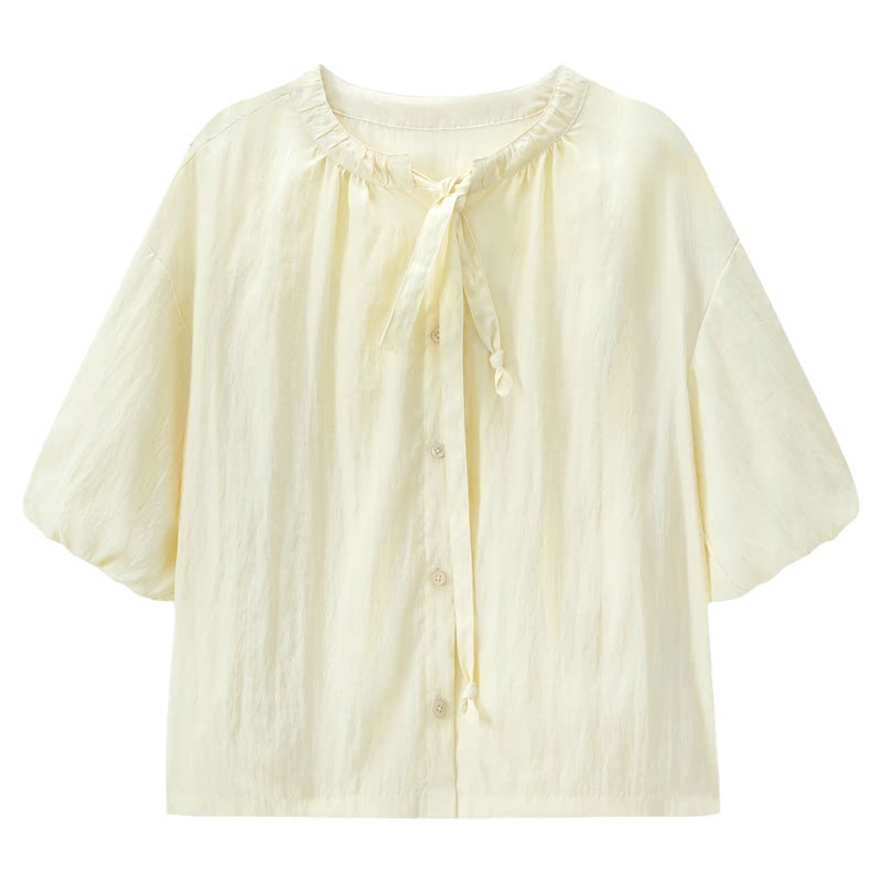 PrairiePulse莱赛尔系带短袖衬衫女26夏季新款小清新休闲梭织外套