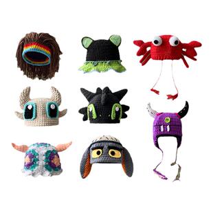 痞幼同款可爱搞怪毛线帽子女秋冬季保暖护耳卡通绿色针织包头帽男