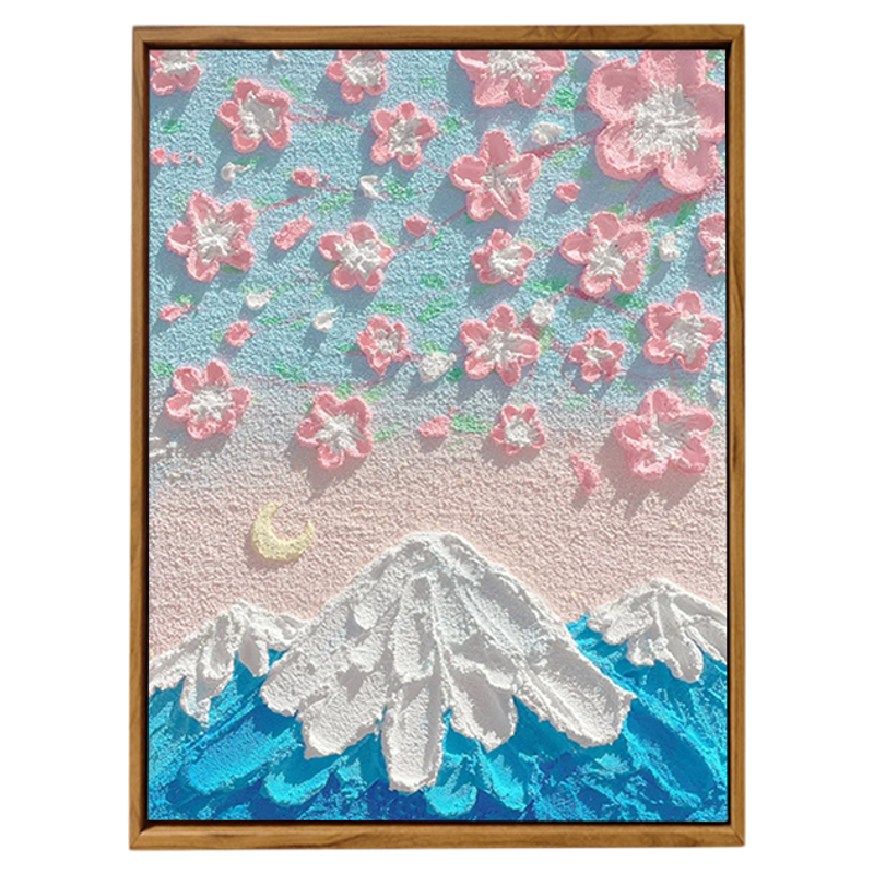 奶油风富士山樱花风景肌理画DIY