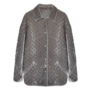 因由 绗棉轻量丝绒微皱翻领烟草灰秋冬新款宽松衬衫棉服外套女