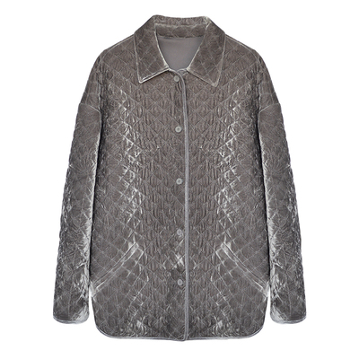 因由 绗棉轻量丝绒微皱翻领烟草灰秋冬新款宽松衬衫棉服外套女