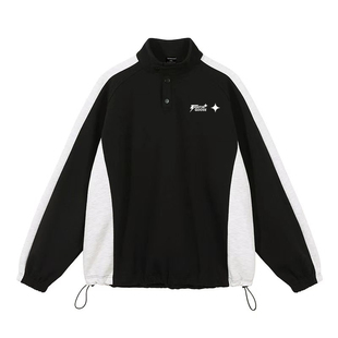 秋天学院风美式复古宽松拼接撞色polo领立领卫衣男重磅polo衫外套