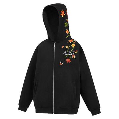 404MOB重工枫叶刺绣开衫连帽卫衣男女美式休闲情侣外套国潮帽衫秋