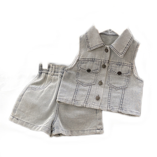 男女童棉质超酷御姐套装2026夏季新款韩版无袖牛仔上衣短裤两件套