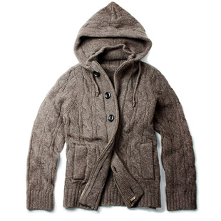 半高领连帽毛衣男冬季加厚麻花美式复古休闲羊毛衫粗针织开衫外套