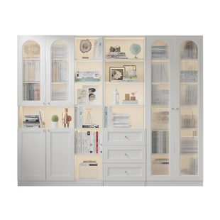 可比熊实木书柜儿童家用收纳玻璃门储物柜书橱法式奶油风客厅书架