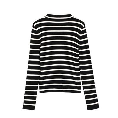 Lavinia2025秋冬新款黑白撞色半圆领羊毛混纺条纹针织衫女R47Z136