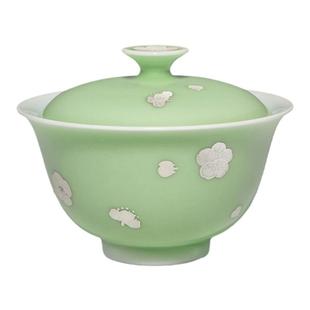 景德1004全手工高温原矿青釉手绘碧色纯银落花二才盖碗120ml