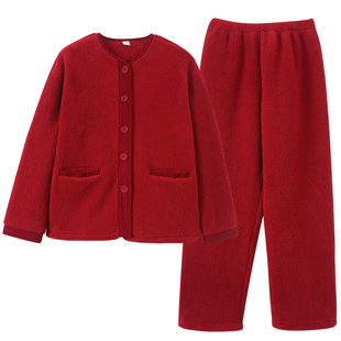 大红色睡衣女秋冬季加绒加厚羊羔绒软糯珊瑚绒毛绒冬天家居服套装