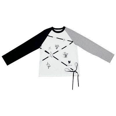 OOURSLAB 原创趣味印花绑带条纹拼接撞色插肩袖长袖T恤女秋