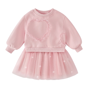 女童连衣裙秋季新款小童爱心网纱裙儿童春秋卫衣裙公主风宝宝裙子