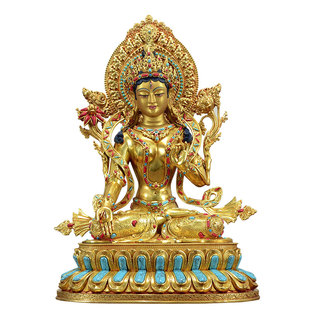 欧斯特彩珠镶嵌《白度母》全鎏金精工《白多罗观音》铜佛像摆件