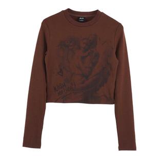 A21女装针织修身圆领长袖T恤春秋季潮流时尚涂鸦印花显瘦打底上衣