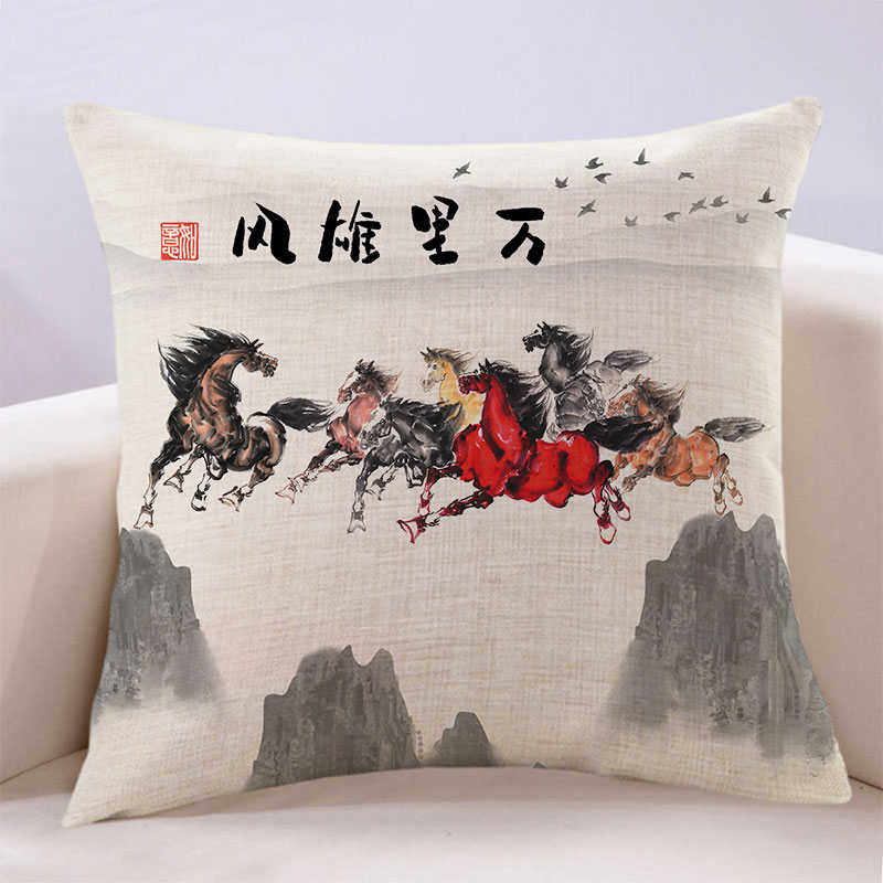 新中式马到成功靠背客厅红木沙发八骏图双面抱枕套办公室睡觉靠垫