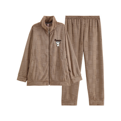 芬腾男士睡衣珊瑚绒秋冬加绒加厚套装保暖可外穿法兰绒大码家居服