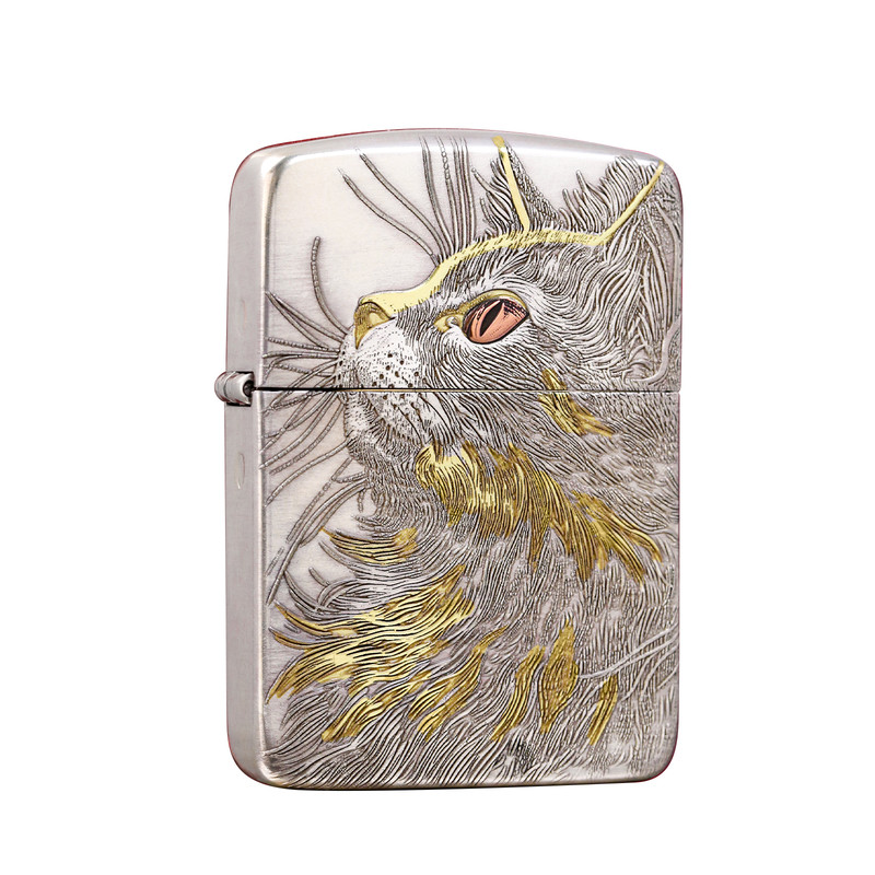 Zippo鹰皇镀银镶嵌仰望睡猫送礼