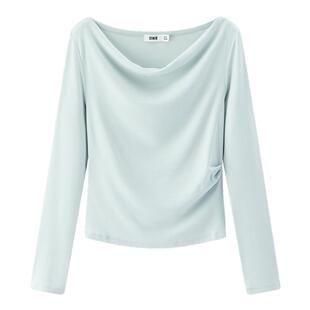 森马长袖T恤女短款薄款纯色设计感2025秋新款修身荡领套头衫百搭