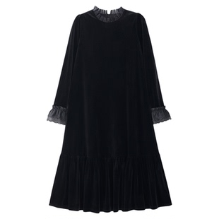 弥古2026新款黑色丝绒连衣裙女秋冬长袖法式蕾丝拼接内搭打底长裙