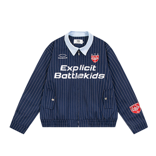 SREK美式复古外套男女秋季宽松休闲白色条纹棒球服情侣装翻领夹克