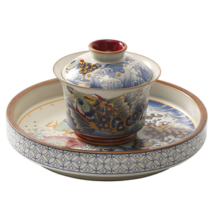 马蹄盖碗茶杯功夫茶醒狮壶承托盘陶瓷青花汝窑锦鲤悬停二才泡茶碗