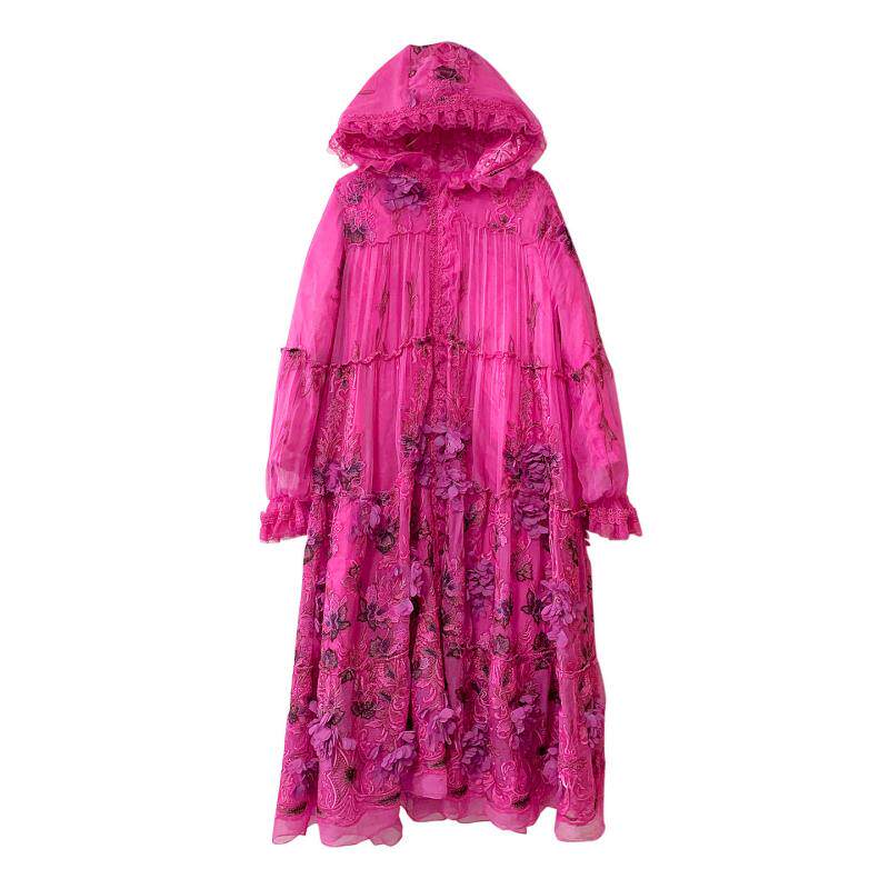 桑蚕丝棉服女时尚年轻款玫红色中长高端刺绣宽松显瘦轻薄保暖外套