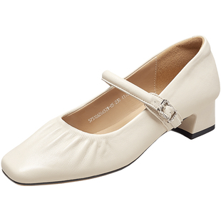 意尔康真皮法式粗跟玛丽珍鞋浅口女2026春款低跟芭蕾单鞋高跟鞋