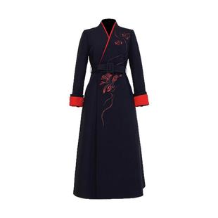 浒城古娘新款精致刺绣气质通勤长袖新中式国风战袍连衣裙女款春秋