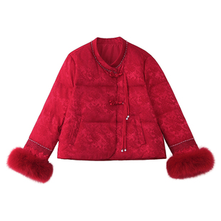 新中式毛绒拼接短款羽绒服女2025年冬季红色盘扣小个子白鸭绒外套