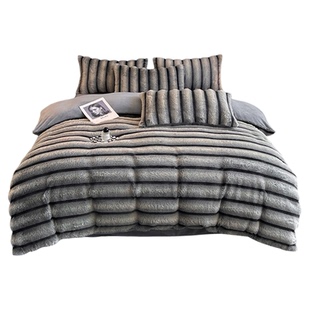 冬季高端兔毛绒四件套加厚牛奶绒珊瑚绒双面绒条纹被套床单床笠款