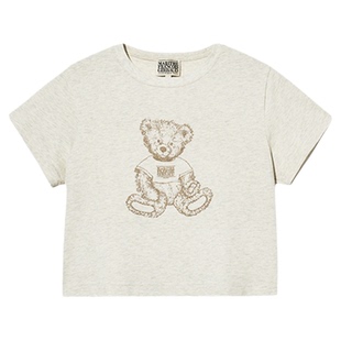 MARITHE女士涂鸦熊短袖T恤 潮流休闲舒适圆领短款上衣 25年夏韩系