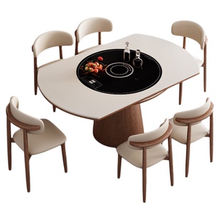 多功能实木岩板餐桌内嵌电磁炉转盘小户型家用可折叠饭桌客厅圆桌