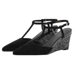 MILLIE'S/妙丽尖头高跟包头凉鞋女夏新款百搭坡跟一字带后空女鞋