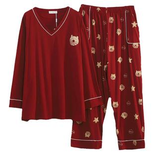 秋天纯棉睡衣秋季女款大码胖mm200斤宽松加肥长袖长裤家居服套装