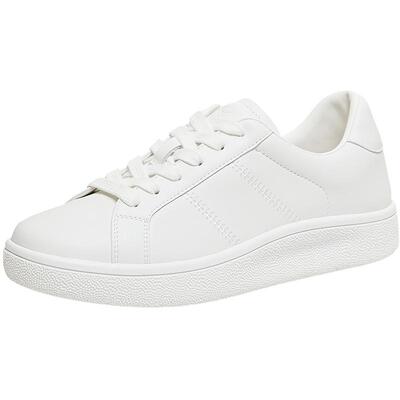 百思图春季牛皮厚底小白板鞋女