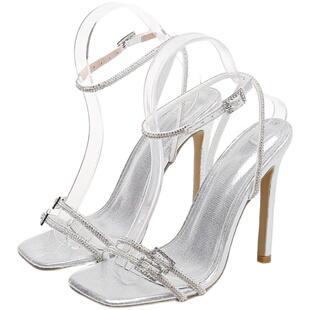 外贸气质高跟鞋夏季水钻一字带细跟配裙子凉鞋 Lazada Women High