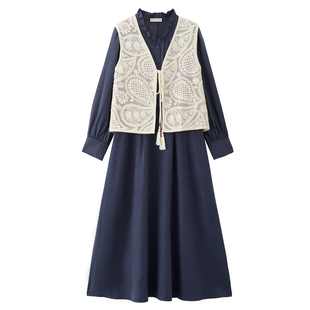 [两件套]设计师款佐丹奴裙子女装V领马甲花边立领连衣裙18465532