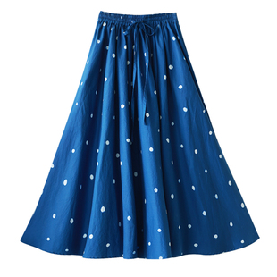 忆旧【远行者】蓝色波点纯棉半身裙女士春季新款收腰印花a字长裙